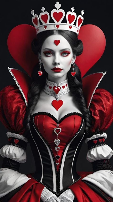 Queen Of Hearts Make Up Halloween, Queen Of Hearts Lips, Carnival Theme Outfit Women, Queen Of Hearts Makeup Look, Queen Of Hearts Photoshoot, Halloween Queen Of Hearts, Queen Of Hearts Aesthetic, Queen Of Hearts Outfit, Red Queen Alice In Wonderland