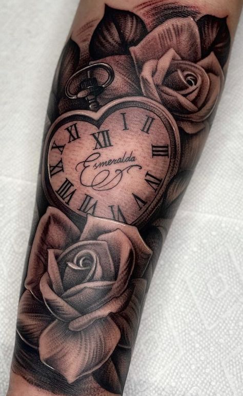 Tattoo For Daughter For Mother, Tattoos For Musicians, Sleeve Tattoos For Girls, Tattoo Trends 2023, Empowerment Tattoos, Clock And Rose Tattoo, Ink Magic, Memorial Tattoo Designs, Mama Tattoo