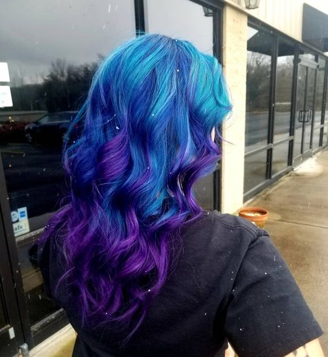 Bright Blue And Purple Hair, Purple To Teal Ombre Hair, Blue And Purple Hair With Bangs, Dyed Hair Purple And Blue, Aurora Borealis Hair Color, Blue Hair With Purple Tips, Blue Galaxy Hair, Blue And Purple Hair Dye Ideas, Aurora Borealis Hair