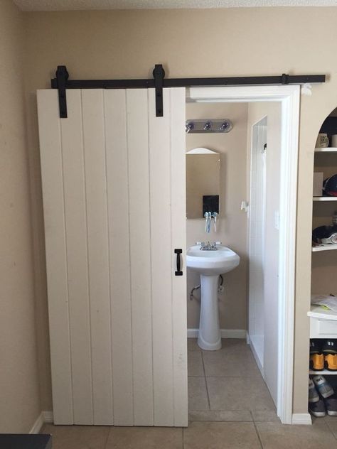 Hanging Doors Sliding Bathroom, Slide Door Bathroom Small Spaces, Sliding Doors For Small Bathrooms, Bathroom Door Replacement Ideas, Bar Door For Bathroom, Sliding Door On Bathroom, Barn Doors For Small Spaces, Sliding Bathroom Doors Small Spaces, Small Bathroom With Sliding Door