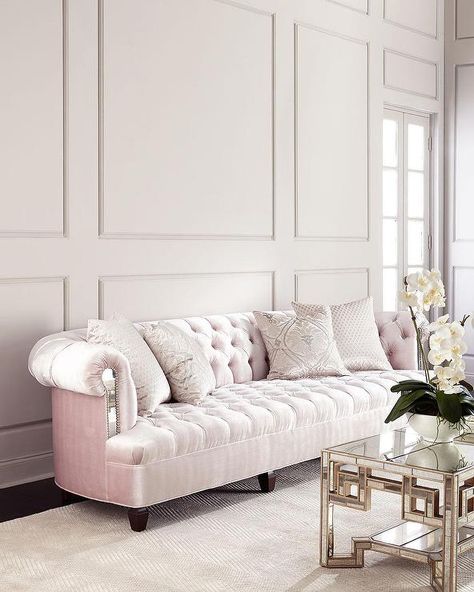 Mia Blush Velvet Mirrored Tufted Sofa Nailhead Sofa, Tufted Furniture, Haute House, Inlay Furniture, Inspire Me Home Decor, Tufted Sofa, Up House, Nail Head, Luxury Sofa