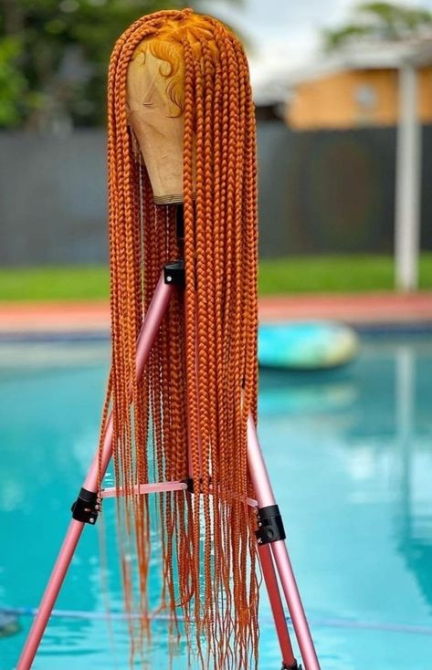 Orange Braids For Black Women, Black Women Twists, Orange Box Braids, Orange Braids, Full Lace Braided Wig, Faux Locs Wig, Braided Wigs For Black Women, Cornrow Wig, Hair Color Orange