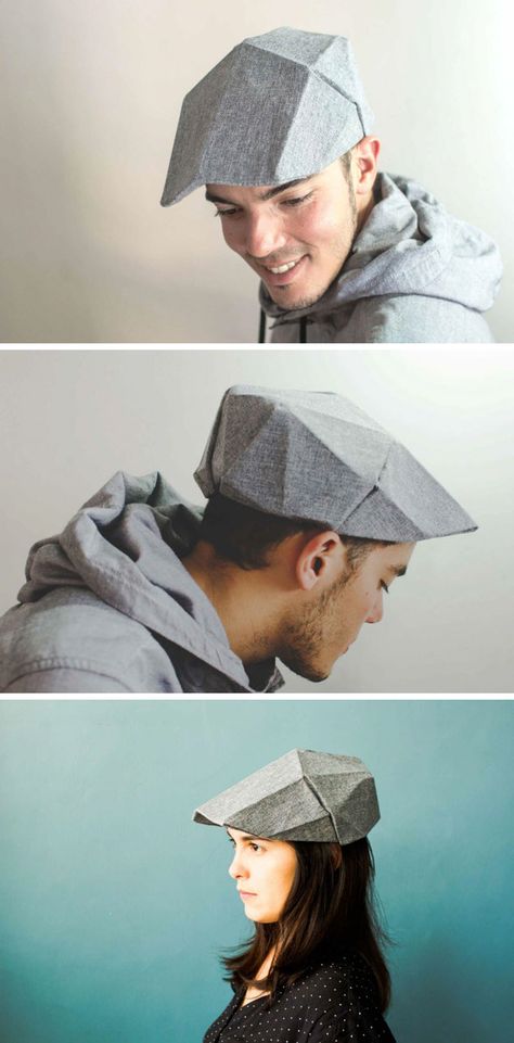 This cap puts a spin on the traditional golf cap or newsboy hat and gives it a more geometric look inspired by origami. Head Accessories Fashion, Origami Product, Geometric Clothes, Origami Hat, Creative Hats, Smocking Tutorial, Simple White Dress, Origami Fashion, Angular Design