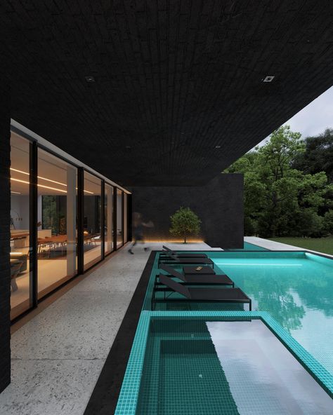 Black Brick Vila in Damavand, Iran by Re|Villa Black House Aesthetic, Modern Black Houses, Black Luxury House, Black House Interior, Black Modern House, Black Villa, Black Houses, Villa Pool, Modern Living Room Interior