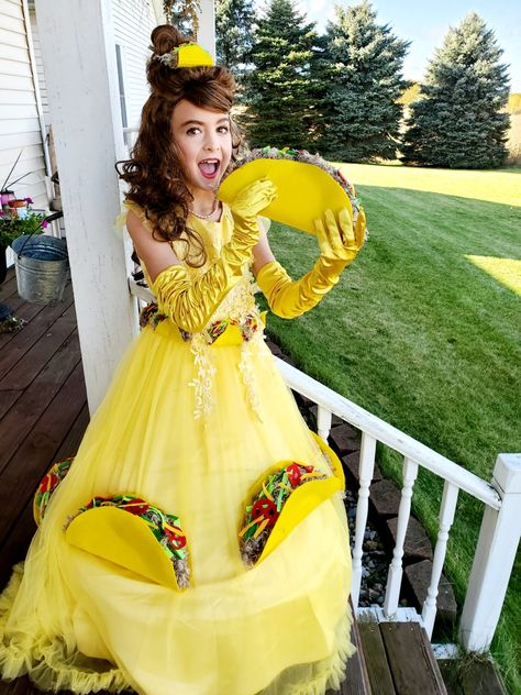 Girls Halloween costume.  TACO bell inspired.  Taco Belle. Disney Belle. Taco Bell Halloween Costume, Taco Belle Costume, Disney Costumes For Girls, Belle Costume Diy, Belle Halloween Costume, Belle Halloween, Punny Halloween Costumes, Snowglobe Tumblers, Rose Costume