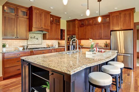 Venetian gold granite countertop in kitchen Gold Granite Countertops, Types Of Kitchen Countertops, Venetian Gold Granite, L Shaped Kitchen Designs, Granite Countertops Colors, White Granite Countertops, Kitchen Remodel Countertops, Types Of Countertops, New Countertops