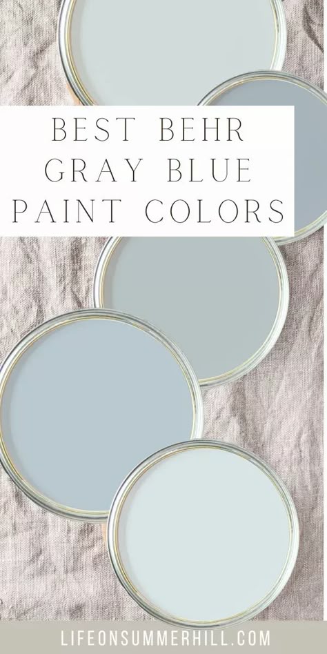 The best Behr paint colors that are gray blue. Behr gray blue paint colors and Behr blue gray paint colors for exterior, interior walls, ceilings, front doors, trim, floors, porch ceilings, furniture and cabinets. These Behr blue paint colours have a gray undertone or a gray with blue undertone. Including Behr farmhouse paint colors of hush, french silver, classic silver, dark pewter, meteor shower, watery. Behre paint, Behr paint colours for exterior, living room, bedroom and bathroom. Behr Evaporation Paint Color, Tidewater Behr Paint, Behr Recycled Glass Paint Color, Behr Flowing Breeze, Drizzle Behr Paint Color, Salt Glaze Behr Paint, White With A Hint Of Blue Paint, Classic Farmhouse Paint Colors, Looking Glass Behr Paint