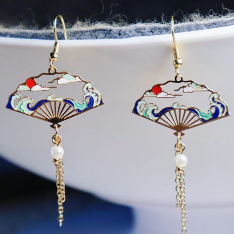 Chinese Style Fan Drop Earring Hanfu Earring Chinese Bridal | Etsy Canada Earrings Drawing, Chinese Earrings, Turkish Earrings, Artistic Earrings, Victorian Valentines, Chinese Fan, Long Chain Earrings, Fan Jewelry, Chinese Jewelry