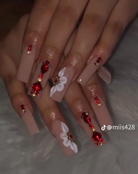 Nails With Virgin Mary, Red Nail Designs With Gems, Red Latina Nails, Red Buchona Nails, Medium Length Red Nails, Red Nails Medium Length, Gold Valentine Nails, Red Wedding Nails For Bride, Latina Nails Red