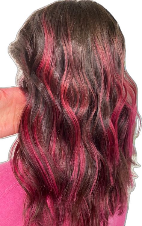 Pink And Brown Balayage, Colored Highlights On Brown Hair, Pink Hair Balayage Brown, Dark Brown To Pink Balayage, Pink Streaks In Brown Hair, 2024 Hair Color Trends, Brown Hair Pink Highlights, Pink Highlights In Black Hair, Pink Highlights In Brown Hair