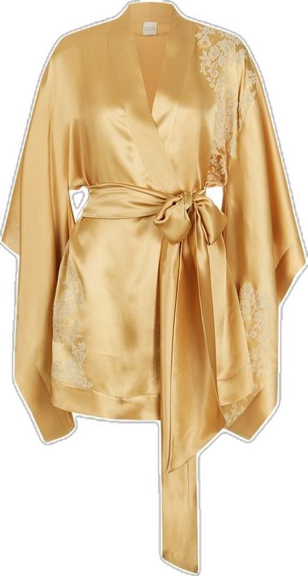 Carine Gilson short, gold silk kimono robe from Harrods. £1,225. [affiliate link] Short Silk Robe, Gold Lingerie, Robes Silk, Silk Bathrobe, Carine Gilson, Short Kimono Robe, Robe Silk, Gown Floral, Mon Dressing