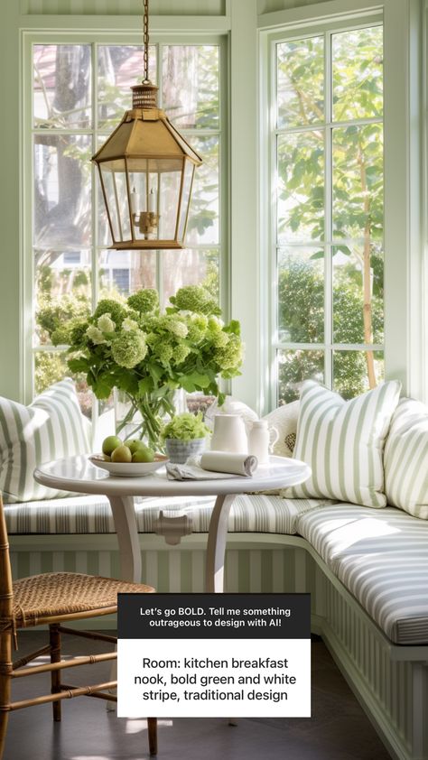 kitchen breakfast nook Timeless Breakfast Nook, Octagon Breakfast Nook, Kitchen Nook Ideas Bay Windows, Sunroom Banquette, Small Breakfast Room, Sunroom Breakfast Nook, Breakfast Nook Ideas Bay Window, Mint Green Room, Green Room Design