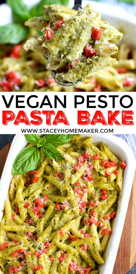 This Vegan Pasta Bake is super simple to make in 40 minutes and it's loaded with ribbons of pesto, juicy tomatoes, and the creamiest sauce! Pesto Pasta Vegan, Broccoli Pesto Pasta, Lemon Pesto Pasta, Pesto Pasta Bake, Cashew Pesto, Nut Free Pesto, Vegan Pesto Pasta, Basil Pesto Pasta, Dairy Free Pesto