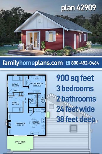 With 4 simple corners, this small house plan is an affordable build. The outside dimensions will fit anywhere because the width is 24' and the depth is 38'. Enter the front door and drop your bag in the coat closet and the groceries on the kitchen counter. How convenient! The kitchen table works for dining and preparing meals. 900 sq ft, 3 bedrooms and two baths means that your small family has all they need. Great guest house, vacation home or empty nest home. #smallhouseplan Small Cabin Plans 3 Bedroom, 3 Bedroom Tiny Home Floor Plans, 3 Bedroom 900 Sq Ft House Plans, Two Bedroom Guest House Plans, 900 Sq Ft Cottage, Simple Tiny House Plans, Basic House Floor Plan, Small 3 Bedroom Cabin Floor Plans, 1 000 Sq Ft House Plans 3 Bedroom