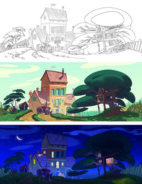 "GIALLO DI GIORNATA" background concepts on Behance Background Animation Concept Art, Animation Environment Design, Concept Art Animation, Concept Art Village, Character Design Color, Illustrator Background, Background Illustration Design, Background Artist, Character Background