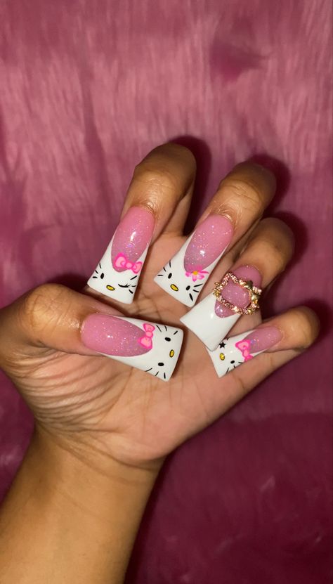 Nail Inspo Feet And Hands, Pink Hello Kitty Duck Nails, Press On Duck Nails, Sanrio Duck Nails, Long Duck Nails Y2k, Duck Nails Inspiration, Duck Nails Acrylic Hello Kitty, Cardi B Duck Nails, Duck Tip Nails Y2k