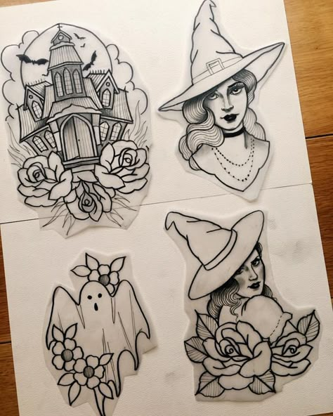 Haunted House Tattoo, House Tattoo, Witch Tattoo, Spooky Tattoos, Halloween Tattoo, Home Tattoo, Halloween Tattoos, Tattoo Flash Art, Dream Tattoos