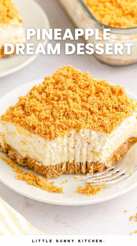 Easy Pineapple Dream Dessert, No Bake Pineapple Dream Dessert Recipe, Pineapple Delight Recipe, Creamy Pineapple Dream, Pineapple Squares Recipe Graham Crackers, Cream Cheese Pineapple Pie, Heavenly Delight Dessert, Pineapple Graham Cracker Dessert, No Bake Pineapple Cheesecake Recipes