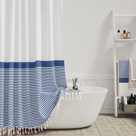 PRICES MAY VARY. 🚿【 Boho Farmhouse Shower Curtain with Stripes and Tassels 】 This tassel shower curtain for bathroom features classic navy blue and white stripes, making this striped shower curtain suitable for diverse decoration styles, like modern farmhouse, vintage, simple, bohemian, shabby chic styles. These unique stripes and tassels are exactly as shown, which can add a boho touch to your master bathroom, guest bathroom or hotel spa. Choose it, you won't be more pleased! 🚿【 Good Quality Tassel Shower Curtain, Bathroom Bohemian, Shower Curtain Farmhouse, Neutral Shower Curtains, Shabby Chic Shower Curtain, Rustic Shower Curtains, Neutral Curtains, Extra Long Shower Curtain, Gray Shower Curtains