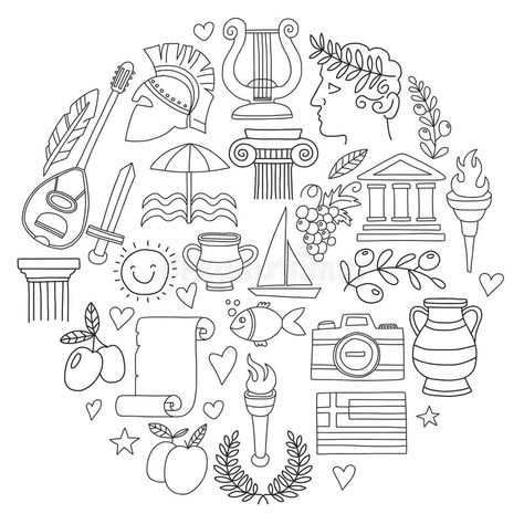 Ancient Greece Vector Elements In Doodle Style For Coloring Pages Travel, History, Music, Food, Wine Stock Vector - Illustration of flag, architecture: 89597585 History Drawings Ideas, History Doodles, Greek Mythology Lessons, Greece Drawing, Ancient Greece Map, History Drawing, Greek Drawing, Ancient Greece Art, Sun Coloring Pages