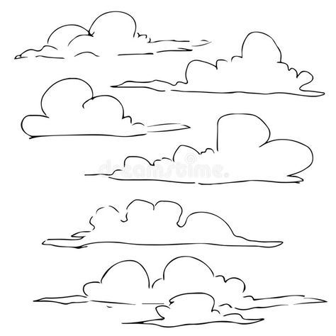 Clouds sketch lineart cartoon stock illustration Rain Cloud Sketch, Simple Cloud Illustration, Cool Cloud Drawings, Drawing Ideas Clouds, Cloud Cartoon Drawing, Cloud Illustration Art, How To Sketch Clouds, Cloud Sketch Simple, Cartoon Clouds Drawing