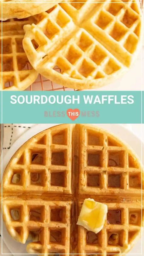 Crunchy and golden on the outside, soft and fluffy in the middle, these easy sourdough waffles are the perfect classic breakfast dish when you have a sourdough starter on hand! #sourdoughwaffles #sourdough #sourdoughstarterrecipes #sourdoughstarter #waffles #easywaffles #wafflerecipe Easy Sourdough Discard Waffles, Discard Waffles Easy, Sour Dough Discard Waffle Recipe, Sour Dough Waffle Recipe, Sourdough Discard Recipes Waffles, Sourdough Starter Waffles, Sourdough Waffles Quick, Sourdough Starter Breakfast Recipes, Sourdough Recipes Breakfast