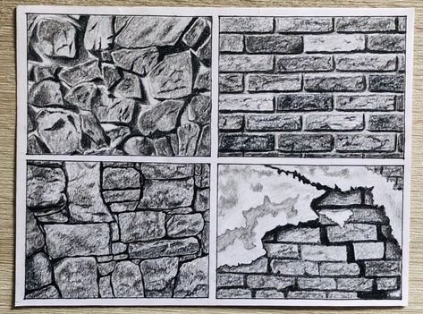 Textures With Pencil, Stone Sketch Drawing, Natural Texture Drawing, Bricks Texture Drawing, Stone Texture Sketch, How To Draw Brick Wall, Wall Texture Drawing, Brick Texture Drawing, Texture Pencil Drawing