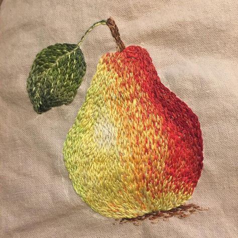 All done! This pear is bigger than any previous fruit - about 7cm tall. . . #pear #pearart #🍐 #fruitart #embroidery #embroideryart… Pear Embroidery, Embroidery Fruit, Fruit Embroidery, Pear Art, Crazy Quilt Stitches, Contemporary Embroidery, Embroidered Napkins, Art Embroidery, Punch Needle Embroidery