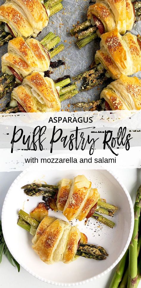 Mozzarella Rolls, Asparagus Puff Pastry, Prosciutto And Mozzarella, Spinach Appetizers, Puff Pastry Rolls, Asparagus Prosciutto, Asparagus Rolls, Pastry Rolls, Asparagus Wraps