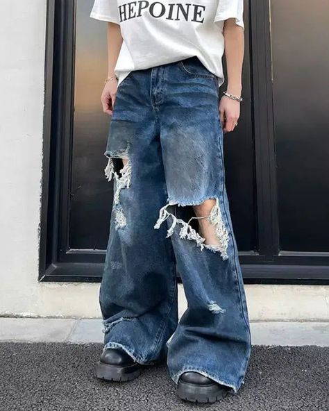 Poikilotherm Trending Jeans • Shop Innovative Fashion Styles From Asia - - #streetwear #streetfashion #outfitinspo #menswear #undergroundbrands Baggy Jeans Men, Ripped Baggy Jeans, Denim Wide Leg Pants, Wide Leg Pants Casual, Denim Shirt With Jeans, Denim Wide Leg, Pantalon Large, Pants Casual, Jeans Men