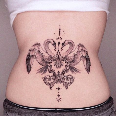 Swan Tattoo Back, Swan Chest Tattoo, Swan Wings Tattoo, 2 Swans Tattoo, Black And White Swan Tattoo, Back Tattoo Symmetrical, Swan Heart Tattoo, Swan Princess Tattoo, Swan Back Tattoo