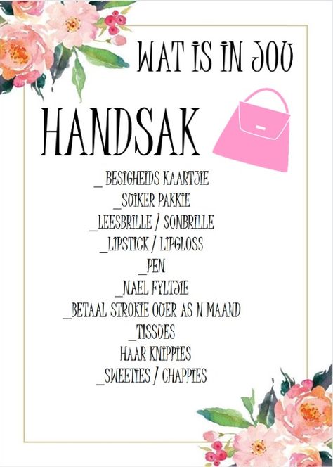 Printable, What is in jou handsak game Kitchen Tea Ideas Bridal Games, Kitchen Tea Games, Tea Games, Kitchen Tea Ideas, Tea Bridal Shower, Bridal Games, Tea Ideas, Bridal Shower Tea, Kitchen Tea