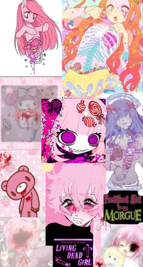 Kawaii Scary Wallpaper, Semi Realistic Gore Art, Candy Gore Wallpaper, Cute Gore Banner, Pastel Gore Wallpapers, Amputation Art, Silly Gore Art, Wallpaper Gore, Gurokawa Aesthetic