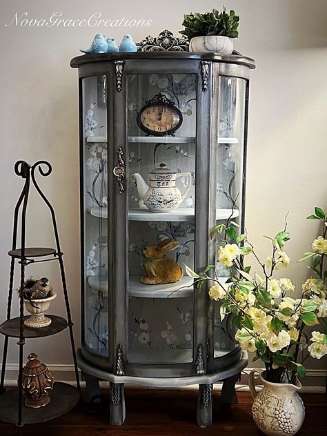 Vintage Curio Cabinet Makeover, Repurpose Curio Cabinet, Curio Makeover, Ideas For Dressers, Painted Curio Cabinets, Curio Cabinet Makeover, China Hutch Makeover, Repainted Furniture, Diy Sideboard