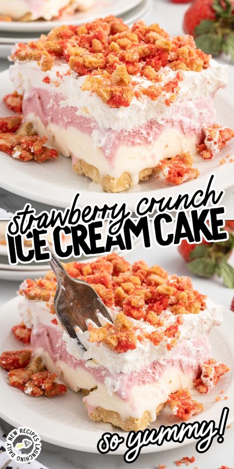 Strawberry Shortcake Ice Cream Cake is a delicious take on the Good Humor classic ice cream bars. Layers of creamy ice cream on a Golden Oreo base topped with homemade strawberry crunch! Strawberry Cheesecake Ice Cream Cake, Homemade Strawberry Crunch, Cheesecake Ice Cream Cake, Strawberry Shortcake Ice Cream Cake, Layered Ice Cream Cake, Good Humor Ice Cream, Christmas Ice Cream Cake, Strawberry Ice Cream Cake, Homemade Strawberry Shortcake