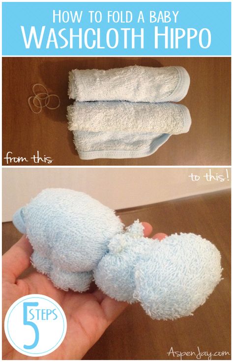 How to make a baby washcloth hippo in just 5 easy steps. These are so adorable and tiny! Washcloth Animals How To Make, Cat Towel Folding, Wash Cloth Animals, Wash Cloth Animals Diy, Wash Cloth Animals How To Make, Hippo Craft, Hippo Baby Shower Ideas, Hippo Party, Hippo Towel Folding