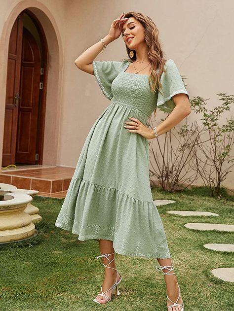 Flowy Midi Dress, Maxi Long Dress, Square Neck Dress, Empire Waist Dress, Midi Dress Summer, Ruffle Hem Dress, Daily Dress, Swiss Dot, Flowy Dress