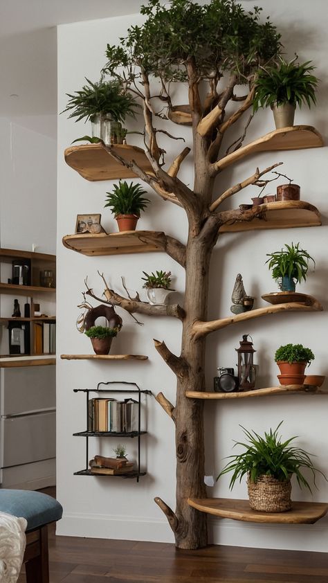 Create beautiful and unique DIY Tree Branch Shelves for your bedroom with this grunge-inspired corner wall brackets floating tutorial Decorate your cozy bedroom space with plant wall shelves and achieve a rustic look with our step-by-step tutorial on tree branch shelves Unique Floating Shelf Ideas, Display Tree Diy, Small Room Shelf Ideas, Funky Floating Shelves, Tree Shelf Bookshelves, Diy Tree On Wall, Small Space Bookshelf Ideas, Diy Shelves Wall Shelves, Tree Limb Projects Diy Ideas