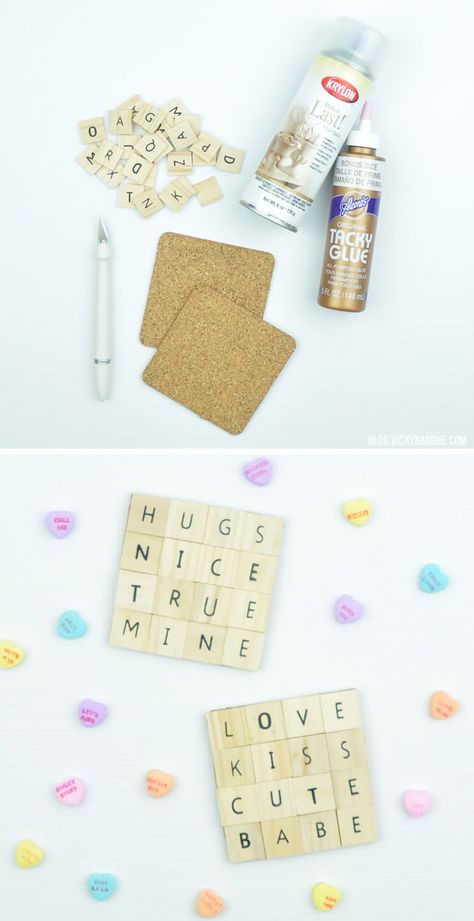 Scrabble Crafts Diy, Conversation Hearts Crafts, Scrabble Diy, Scrabble Letter Crafts, Scrabble Coasters, Hungry Caterpillar Craft, Valentines Coasters, Scrabble Tile Crafts, Scrabble Crafts