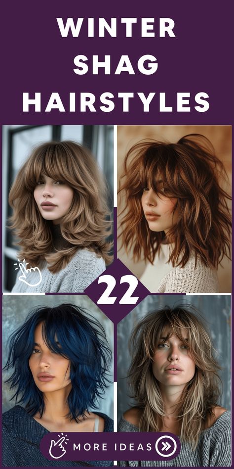 Experience the chic and effortless winter style with trendy winter shag hairstyles. This laid-back haircut enhances your look with textured layers and choppy ends, adding volume and movement to your hair effortlessly. Embrace the shaggy chic aesthetic this season while exploring your inner fashionista. Get ready to rock a cool vibe during the winter days! Super Shaggy Haircuts Medium, Choppy Medium Length Hair With Bangs, Curtain Bangs With Shaggy Layers, Sassy Haircuts Medium Choppy Layers, Updo Hairstyles For Shag Haircut, Shag Lob With Bangs, Bangs With Shag, Modern Day Shag Haircut, Medium Length Shag Haircuts With Bangs