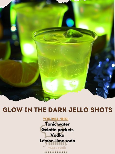 🌟 Glow in the Dark Jello Shots: Light up your night with these magical shots! #GlowParty Glow in the Dark Jello Shots Ingredients: Tonic water (2 cups (480 ml)) Gelatin packets (2) Vodka (1 cup (240 ml)) Lemon-lime soda (1 cup (240 ml)) Instructions: Boil tonic water, dissolve gelatin. Mix in vodka and soda, pour into cups. Chill until set. 🌌 Ready to make your party shine? These shots glow under black light! #NightGlowFun Jello Shots Birthday, Glow In The Dark Jello, Jello Shots Vodka, Cozy Fall Recipes, Green Shot, Jello Shot Recipes, Instagram Recipes, Lemon Lime Soda, Rustic Bar