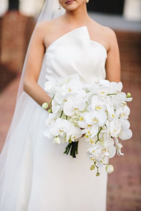 Anna and Butch's Elegant Winter Wedding — A Southern Soiree — A Southern Soiree Single Stem Orchid Centerpiece, Bouquet For Mermaid Wedding Dress, White Bouquet With Orchids, White Roses And Orchid Bouquet, Bride Flower Bouquet Elegant, Wedding Bouquets Orchids, White Orchid Bouquet, Orchid Bridal Bouquets, Orchid Bouquet Wedding