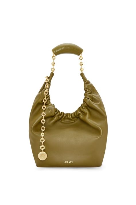 Small Squeeze bag in nappa lambskin Stylish Celebrities, Loewe Bag, Small Shoulder Bag, Metallic Colors, Pearl Drop Earrings, Green Bag, Nappa Leather, Harrods, Chain Strap