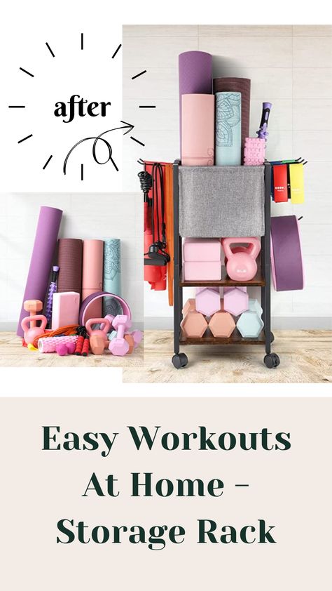 Exercise Room Organization, How To Store Workout Equipment, Workout Equipment Storage, Simple Home Gym, Yoga Storage, Maximalist Kitchen, Fitness Organization, Home Gym Storage, Gym Organizer