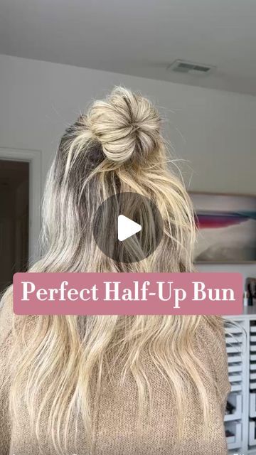 Half Bun For Long Hair, Simple Half Up Half Down Hairstyles Bun, Half Up Half Down Messy Bun Tutorials, How To Do A Half Up Half Down Bun, Half Up Half Down Hair With Bun, Half Up Half Down Bun Tutorial, Half Bun Hairstyles Tutorials, Bun Half Up Half Down, Half Up Half Down With Bun