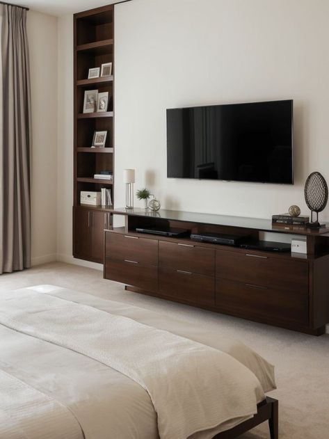 Elevate your bedrooms aesthetic by mounting a sleek flat-screen TV on the wall as a focal point. Surround it with floating shelves to display decorative items and combine with a plush tufted headboard for a stylish and modern look. Tv Bedroom Wall, Wall Aesthetics, Bedrooms Aesthetic, Tv On The Wall, Tv Bedroom, Floating Tv Stand, Bedroom Black, Tufted Headboard, Bedroom Aesthetic