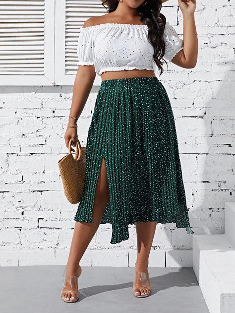 Dark Green Casual Collar  Fabric Polka Dot Asymmetrical Embellished Non-Stretch  Women Plus Clothing Flowy Split Skirt For Vacation, Flowy Skirt With Split For Vacation, High-waist Flowy Skirt For Beach Season, Casual High-low Hem Skirt For Beach, High-waist Green Skirt For The Beach, Women Streetwear Summer, Maxi Skirt Outfit Summer, Streetwear Summer Outfits, Curvy Summer Outfits