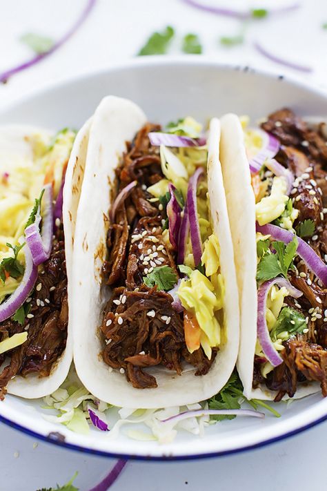 Slow Cooker Korean BBQ Pork Tacos Slow Cooker Korean Bbq, Korean Pork Tacos, Bbq Pork Tacos, Korean Bbq Pork, Bbq Pork Loin, Bbq Tacos, Slow Cooker Pork Loin, Korean Pork, Spicy Korean