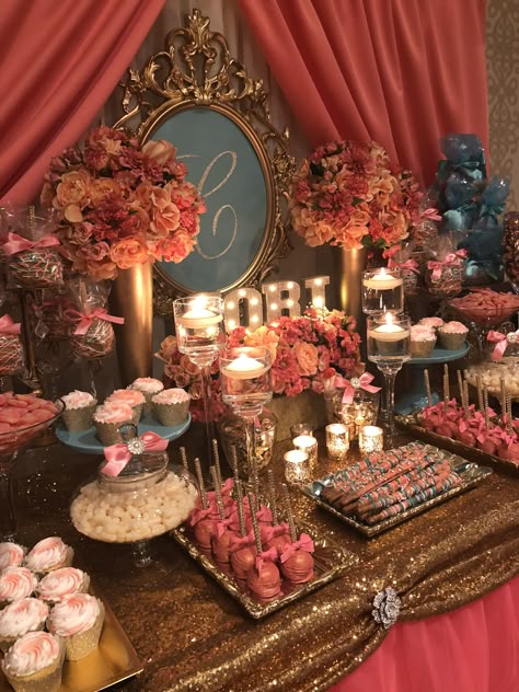 Quincenera Treat Table, Vintage Candy Bar Ideas, Pink Sweet 16 Dessert Table, Quinceañera Candy Table, 15 Candy Table Ideas, Candy Table Ideas Birthday Sweet 16, Quincenera Candy Tables, Candy Table Decor, Party Candy Table