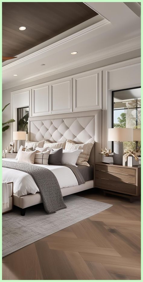 Master King Bedroom Ideas, Contemporary Transitional Bedroom, Contemporary Master Room, Classic Master Room Design, Big Bedroom Luxury Master Suite, Colonial Bedroom Design, Modern Contemporary Bedroom Luxury, Dream Bedroom Master Romantic, Modern Colonial Bedroom